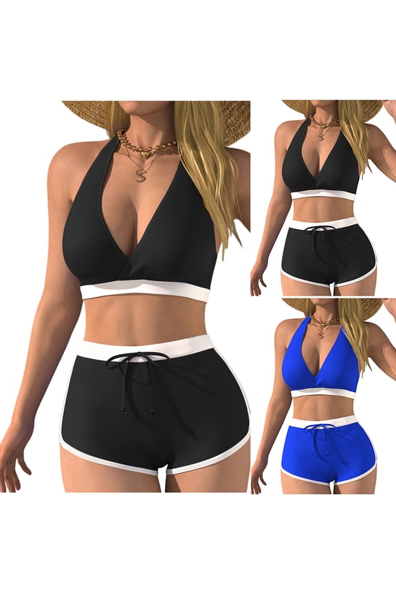 Women's Solid Slim Fit Rash Guard Two Piece Swimsuit Long Sleeve Surf Top & High Waist Bottom Set, Blue M