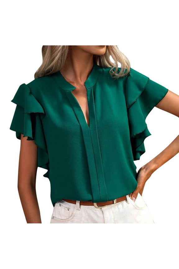 Women's Solid Tops,Casual Lotus Leaf Sleeves Summer Lightweight Casual Layering Tops Green 2XL