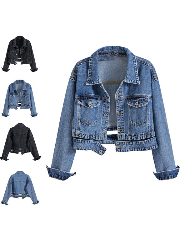 Women's Spring Fall Solid Color Long Sleeve Denim Jacket – Hoodless Jean Coat with Button Front Blue Size XL