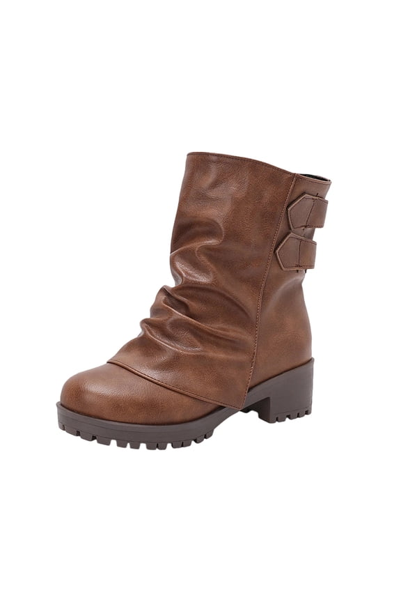 Women's Stacked Short Boots, Thick Heel Belt Buckle Punk-Inspired Casual Boots Brown