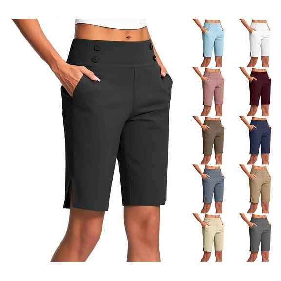 HAOTAGS Women's Stretch Work Casual Shorts, High-Waisted Summer Shorts with Pockets Black M