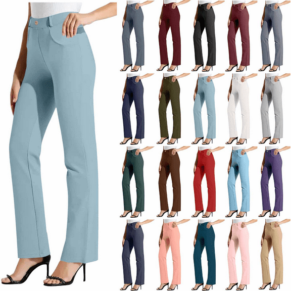 HAOTAGS Women's Stright Leg Pants Elastic Waist Stretch Business Casual Yoga Pants Light Blue Size M