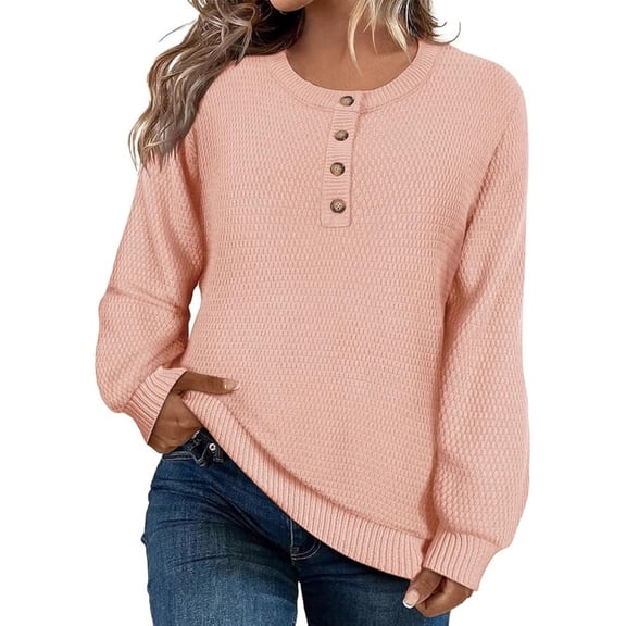 HAOTAGS Women's Striped Colorblock T-shirts, Loose - Fit Long - Sleeve Button Comfort Knitted Pullover Tees Pink L