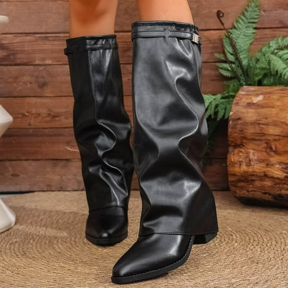 HAOTAGS Women's Stylish Long Boots, Casual Fall Winter Thick Heel Mid Calf Boots Black 5.5