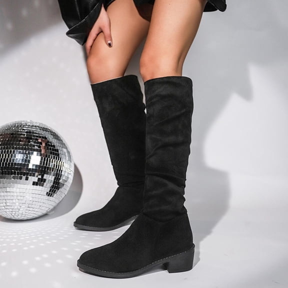 HAOTAGS Women's Stylish Long Boots, Casual Mid Claf Thick Heel Potined Toe Fall Winter Dressy Shoes Black 9