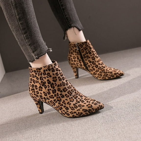HAOTAGS Women's Suede Ankle Booties Leopard Print Pointed Toe Womens Dressy Shoes Brown Size 10