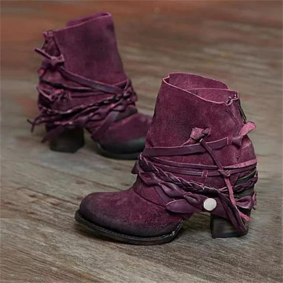 HAOTAGS Women's Suede Leather Booties Low Mid Block Heel Ankle Boots Cross Strap Back Zipper Womens Dressy Shoes Purple Size 10