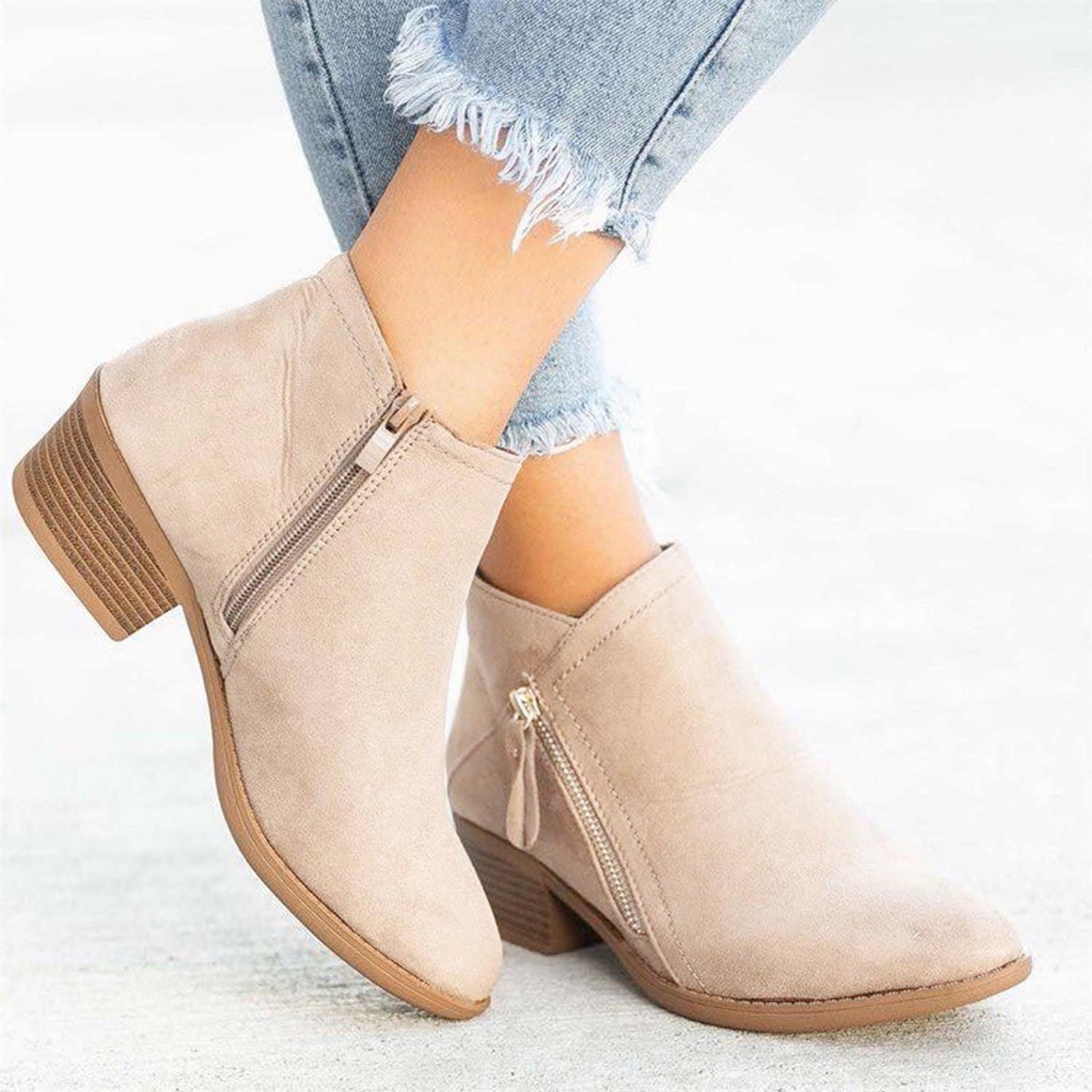 HAOTAGS Women's Suede Leather Booties Low-heeled Ankle Boots Fall Fashion  Dressy Shoes Beige Size 10.5