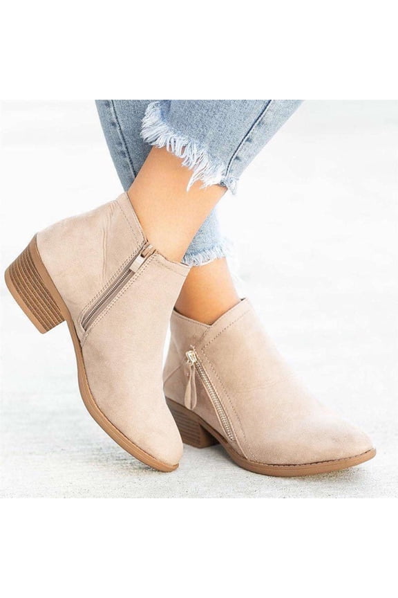 Women's Suede Leather Booties Low-heeled Ankle Boots Fall Fashion Dressy Shoes Beige Size 9