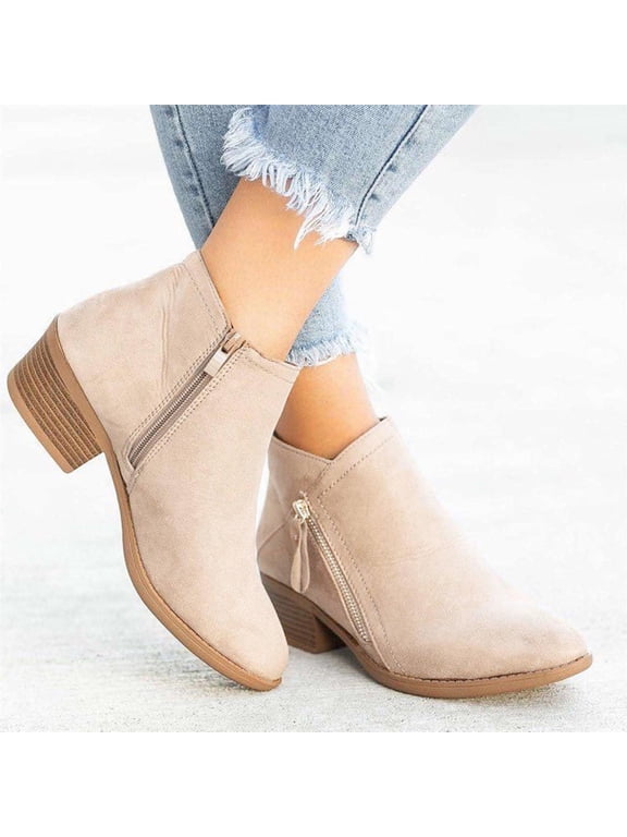 Women's Suede Leather Booties Low-heeled Ankle Boots Fall Fashion Dressy Shoes Beige Size 7