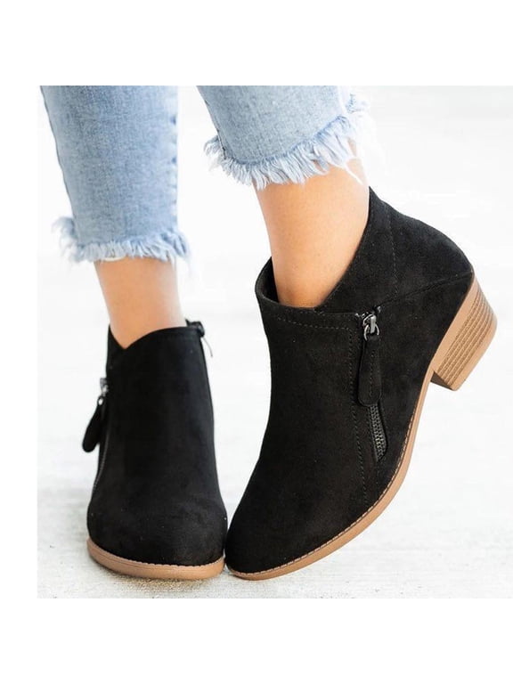 Women's Suede Leather Booties Low-heeled Ankle Boots Fall Fashion Dressy Shoes Black Size 6