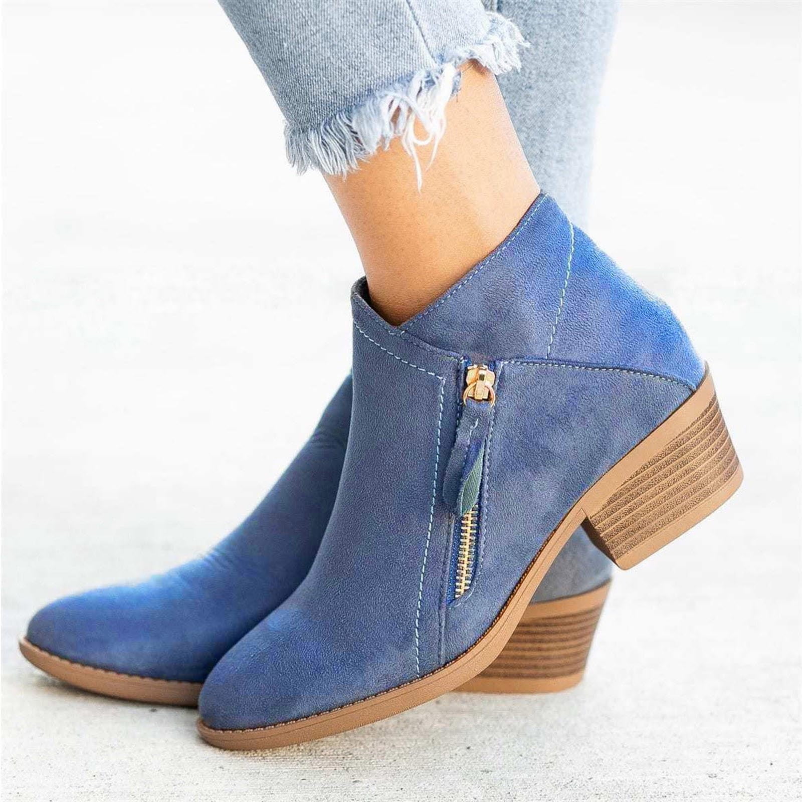 HAOTAGS Women s Suede Leather Booties Low heeled Ankle Boots Fall Fashion Dressy Shoes Blue Size 8 Walmart