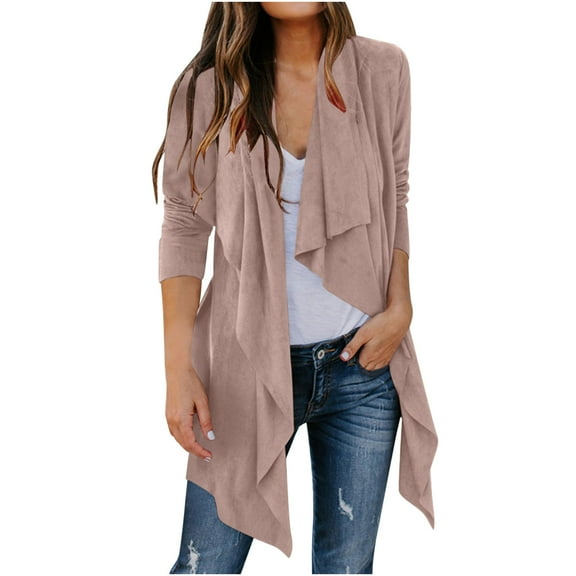 HAOTAGS Women's Suede-style Jacket, Open Front Faux Outerwear Long Sleeve Velvet Coat Pink S