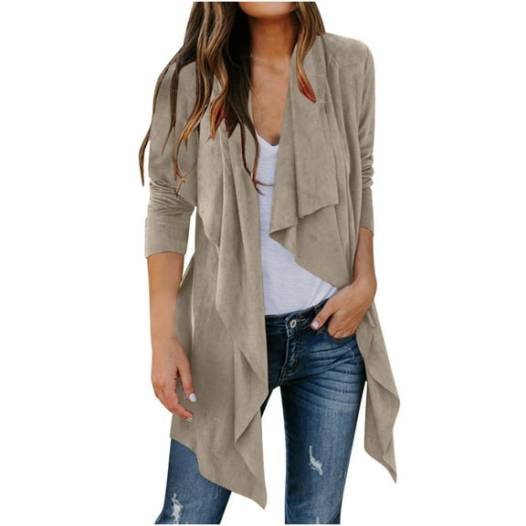 HAOTAGS Women's Suede-style Jacket, Open Front Long Sleeve Faux Outerwear Velvet Coat Khaki M
