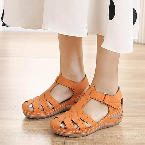 HAOTAGS Women's Summer Comfy Wedge Sandals Breathable with Arch Support Breathable Open Toe Walking Shoes Orange Size 8.5