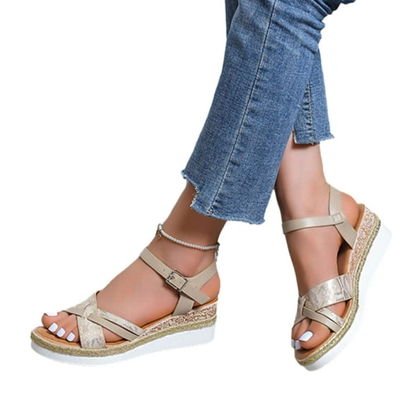 HAOTAGS Women's Summer Dressy Wedge Sandals Breathable Open Toe Walking Shoes Beige Size 7