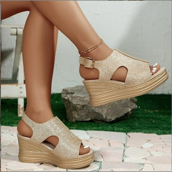 HAOTAGS Women's Summer Dressy Wedge Sandals Roman High Heel Fish Mouth Platform Breathable Open Toe Shoes for Beach Gold Size 6.5