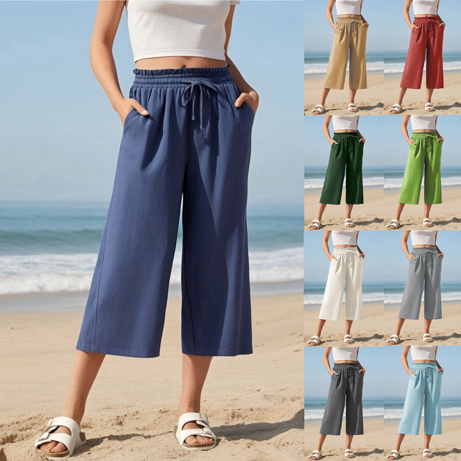 HAOTAGS Women s Summer Linen Capri Pants Casual Drawstring Wide Leg 7 