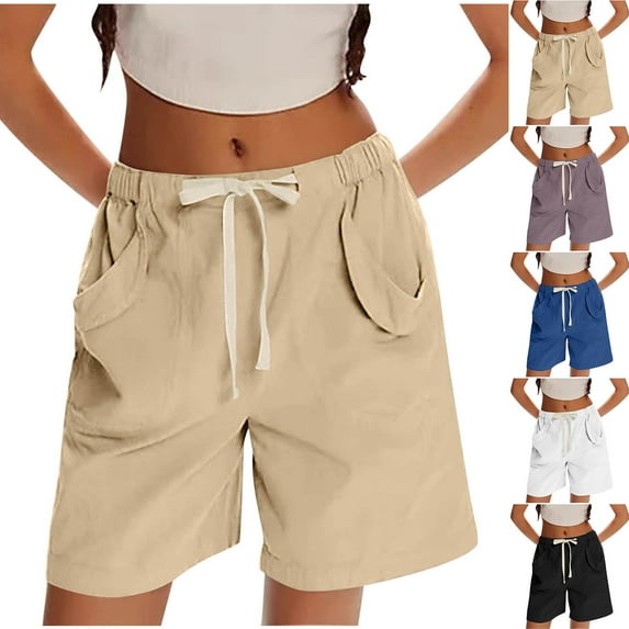 HAOTAGS Women's Summer Shorts, Elastic Waist Pockets Breathable Sports Shorts Khaki 2XL