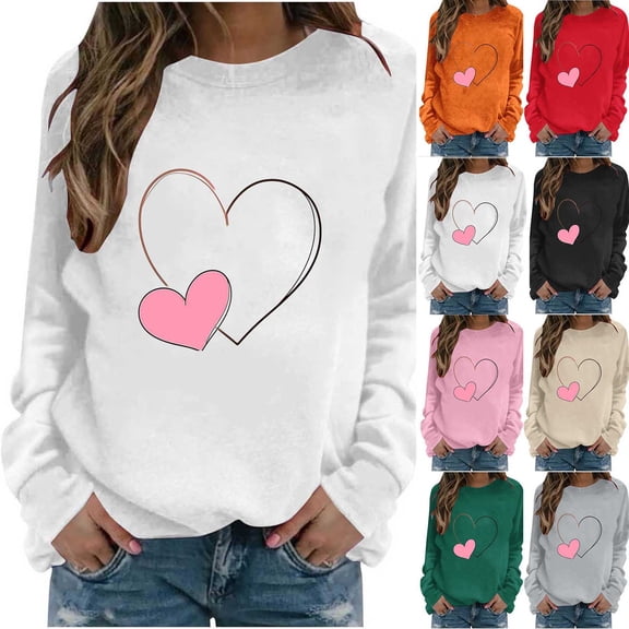 HAOTAGS Women's Sweatshirt, Valentine's Day Round Neck Long - Sleeved Blouse Print Casual Pink M