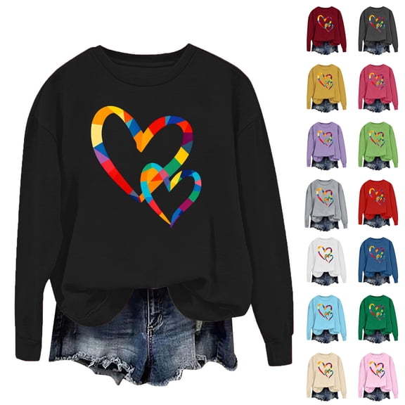 HAOTAGS Women's Sweatshirts with Valentine's Heart Print, Loose Long Sleeve Loose Fitting Round Neck Sweatshirts Purple XL