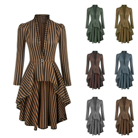 HAOTAGS Women's Tailcoat, Medieval Long Sleeve Striped Button-up Thematic Costume Outerwear Brown S
