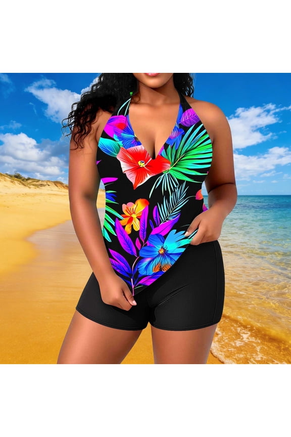 Women's Tankini, Plus Size Solid Color Adjustable Halter Built - in Bra Multicolor XL