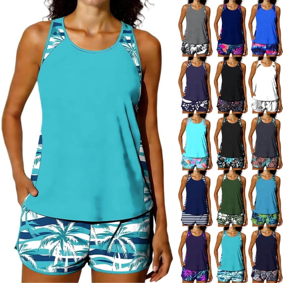 HAOTAGS Women's Tankini Swimsuits 2026, Tummy Control Two Piece Bathing Suits with Pockets Swim Shorts Navy Size S
