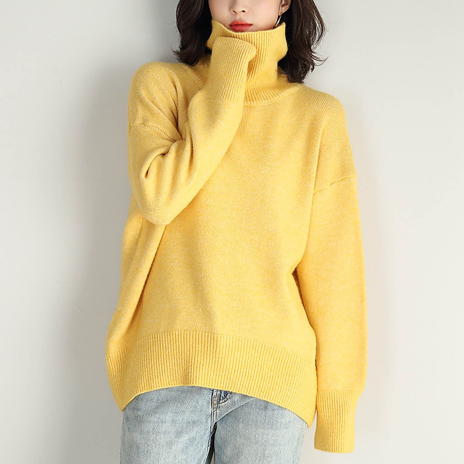HAOTAGS Women s Turtleneck Sweater Long Sleeve Basic Pullover Top Solid Color Casual Knit Jumper Yellow Size One Size