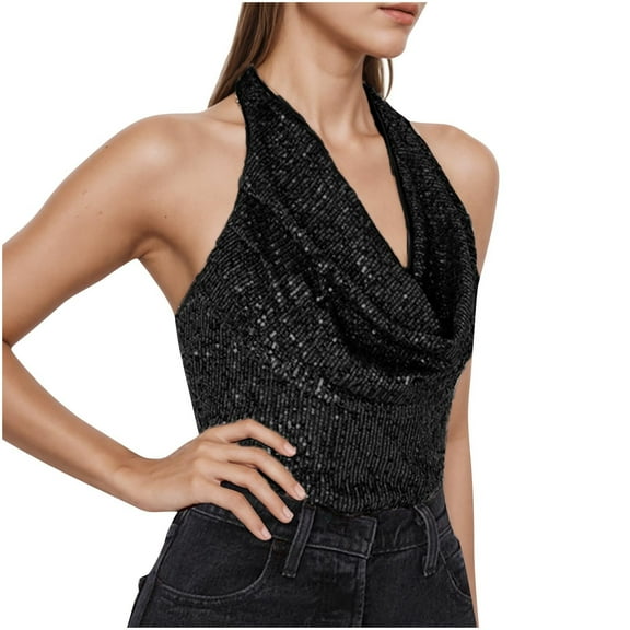 HAOTAGS Women's V-Neck Sleeveless Top, Sparkle Shirt Zip Front Halter Top Sequin Vest Black M