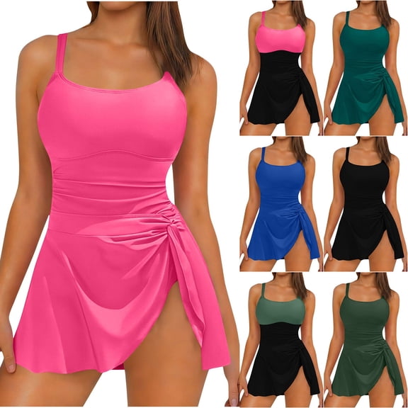 HAOTAGS Women's V Neck Tankini Set with Skirt Two Piece Swimsuit Tummy Control Ruched, Pink XL
