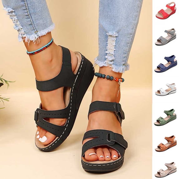 HAOTAGS Women's Wedge Sandals – Summer Peep-Toe Ankle-Strap Casual Shoes Red Size 8.5