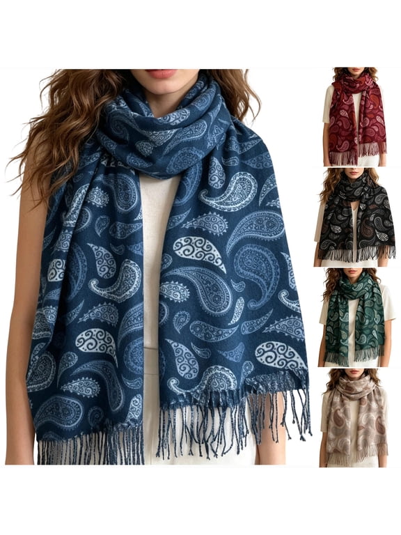 Women's Winter Fashion Scarf, Illustration Print with Fringe Trim, Warm Printed Scarf for Women Blue Size Free Size