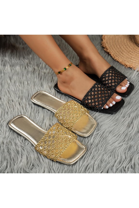 Women's Woven Color Block Flat Mules,Slingbacks Casual Slip Ons Open Toe Leather Slides Black