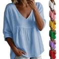 thumbnail image 1 of HAOTAGS Womens 3/4-Sleeve Blouse，V-Neck Button-Down Casual Printed Loose Shirt Top Black Size L, 1 of 7