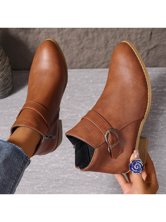 Womens Ankle Boots, Thick Heel Round Toe Casual Booties Casual Spring Fall Dressy Shoes Brown 6