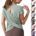 thumbnail image 1 of HAOTAGS Womens Athleisure Top Summer 2026,Round-Neck Quick-Dry Yoga T-Shirt Slim Fit Ruched Waist Short-Sleeve Beige Size S, 1 of 8