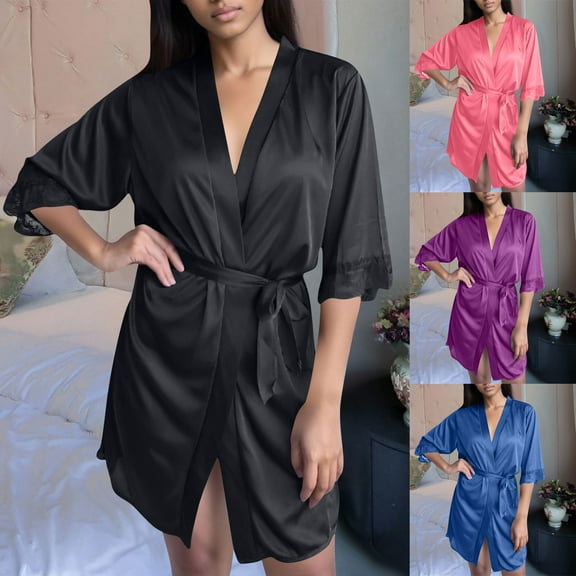 HAOTAGS Womens Bathrobe,Short Sleeve V Neck Pockets Wrap Robe Silk Sleepwear Black Free Size