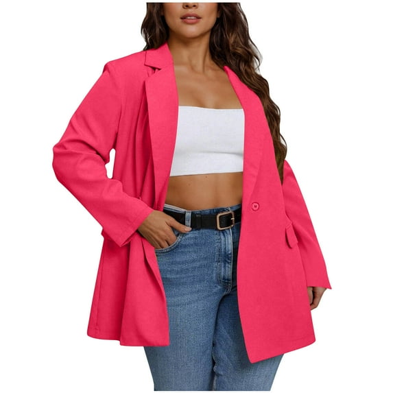 HAOTAGS Womens Blazers Long Sleeve Open Front Solid Color Business Lapel Button Work Jackets Hot Pink Size L
