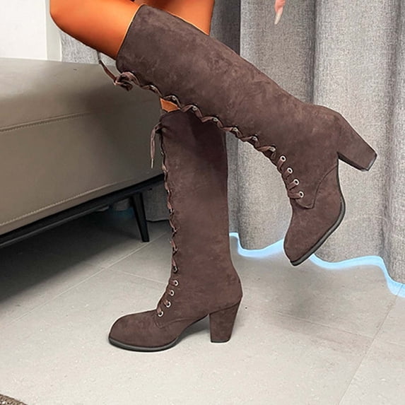 HAOTAGS Womens Boots High Heel, Casual Lace Up Fall Winter Mid Calf Boots Coffee 9.5