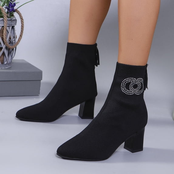 HAOTAGS Womens Boots High Heel, Potined Toe Breathable Casual Knitted Sock Boots Black 7