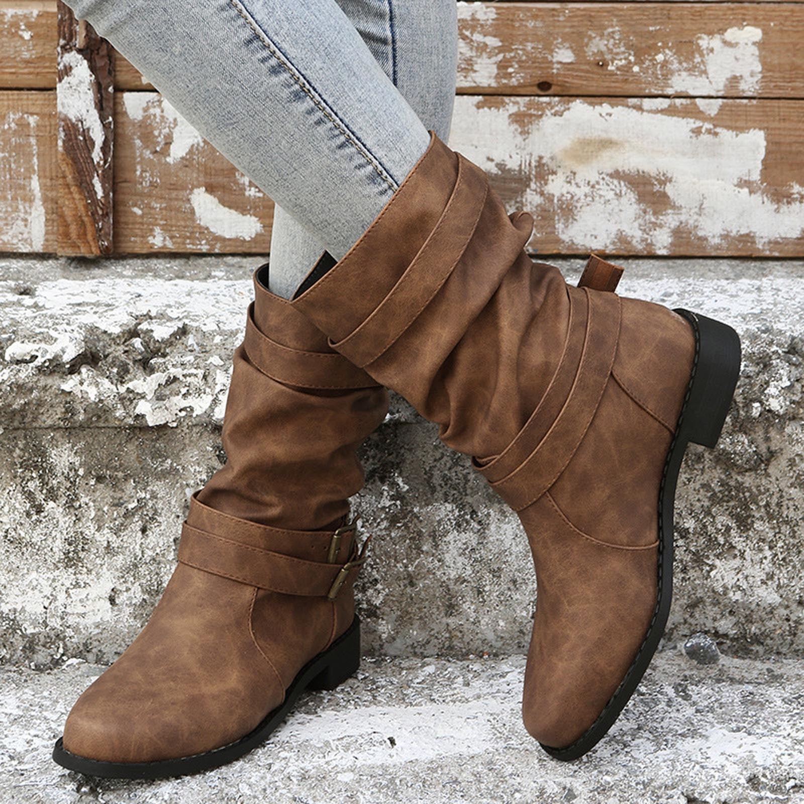 HAOTAGS Womens Boots Mid Calf Low Heel Vintage Buckle Strap Womens Dressy Shoes Brown Size 7