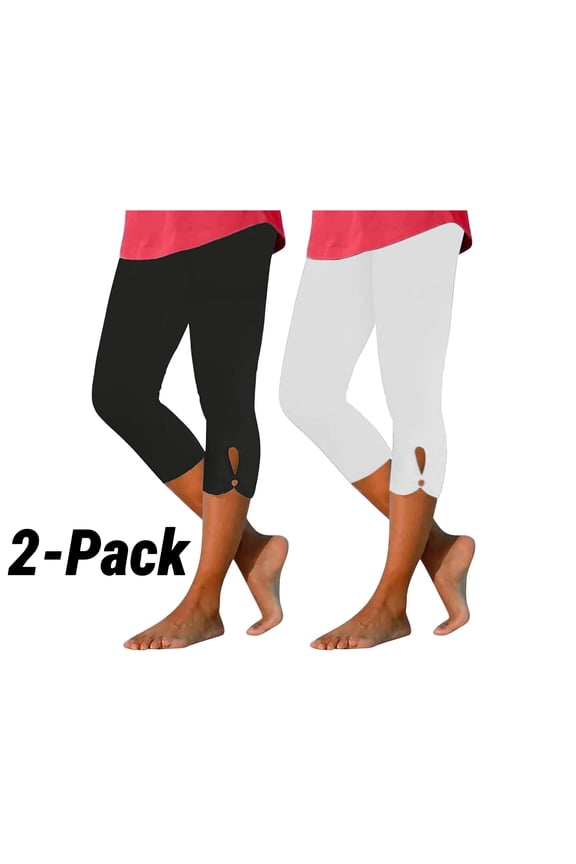 Womens Capri Leggings 2 Pack, Casual High Waisted Summer Beach Pants Slim Fit Cropped Yoga Pants Black Size 2XL