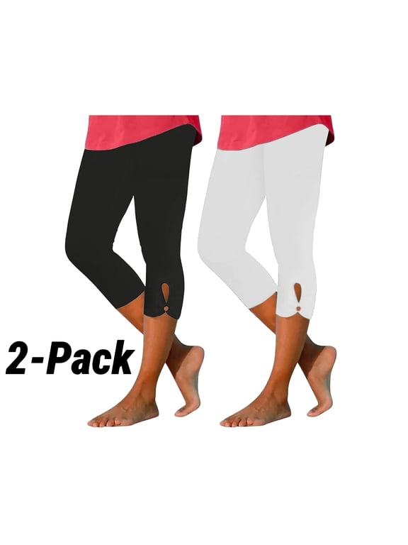 Womens Capri Leggings 2 Pack, Casual High Waisted Summer Beach Pants Slim Fit Cropped Yoga Pants Black Size XL