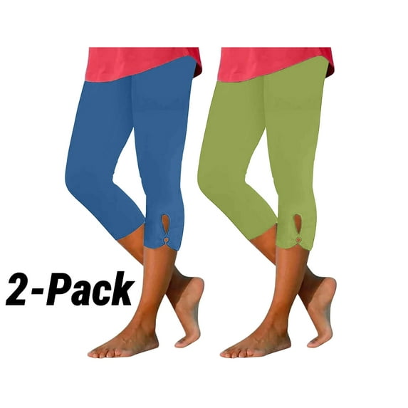 HAOTAGS Womens Capri Leggings 2 Pack, Casual High Waisted Summer Beach Pants Slim Fit Cropped Yoga Pants Blue Size 2XL