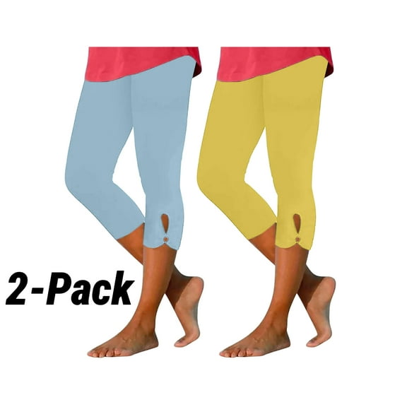 HAOTAGS Womens Capri Leggings 2 Pack, Casual High Waisted Summer Beach Pants Slim Fit Cropped Yoga Pants Light Blue Size XL