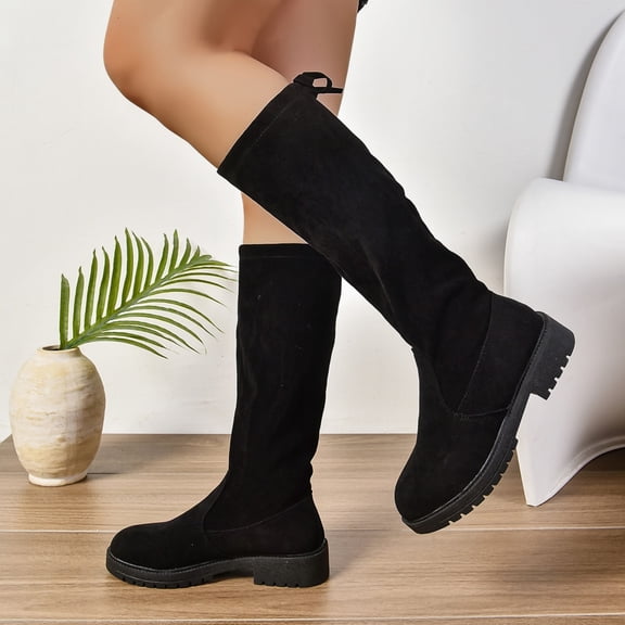 HAOTAGS Womens Casual Boots, Mid Calf Suede Leather Boots Comfy Flat Heel Fall Winter Boots Black 9.5