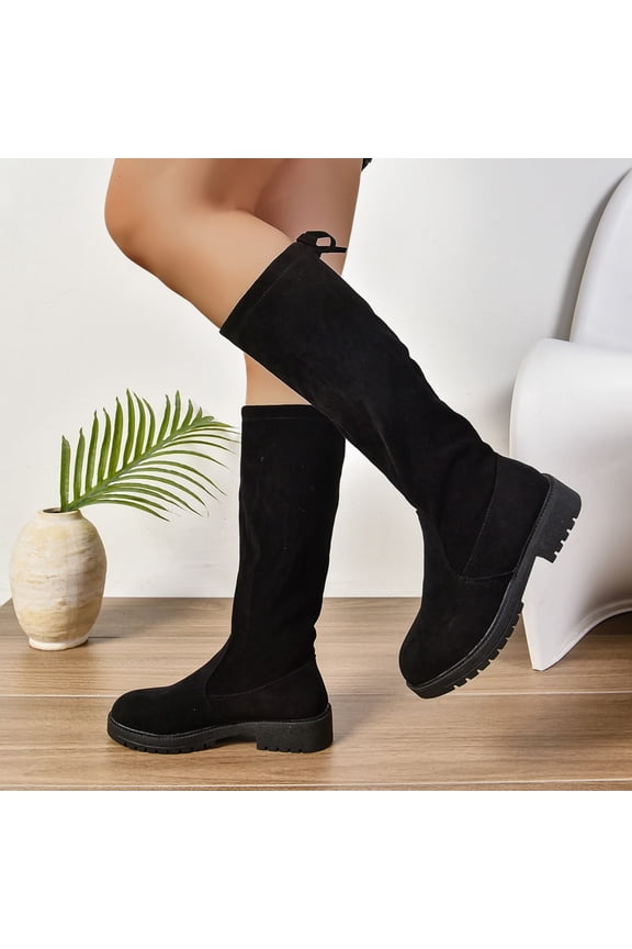 Womens Casual Boots, Mid Calf Suede Leather Boots Comfy Flat Heel Fall Winter Boots Black 9