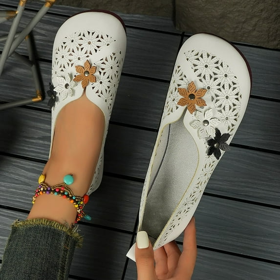 HAOTAGS Womens Casual Sandals Flat Hollow Flower Breathable Summer Comfortable Wide Width Shoes White Size 7.5
