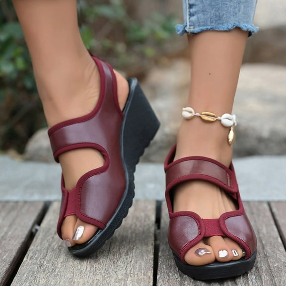 HAOTAGS Womens Casual Wedge Heel Sandals Comfortable Dressy Platform Shoes Wine Size 6.5